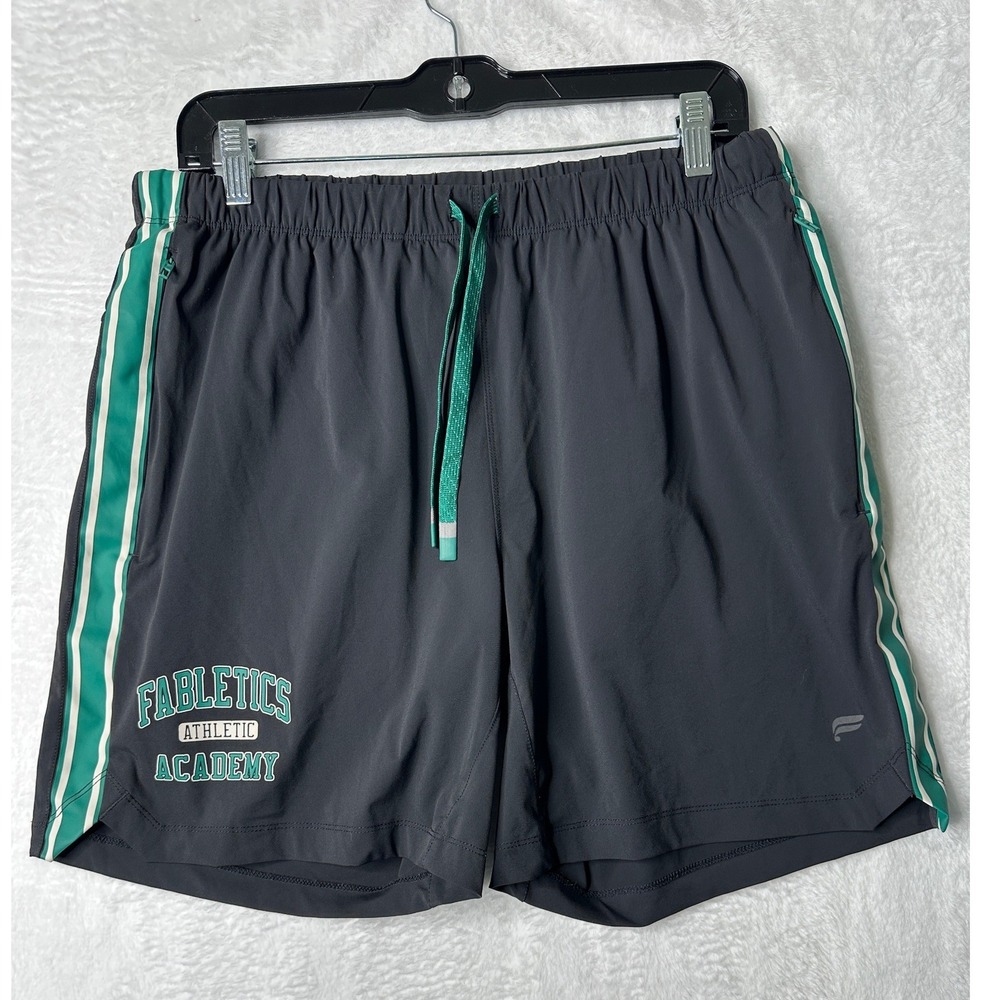 Fabletics Athletic Academy Shorts Mens Medium Gray Green Striped Gym 0853